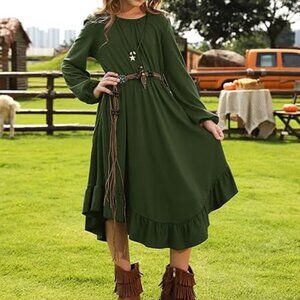 Girls Boho Long Sleeve Lace Backless Tie Dress